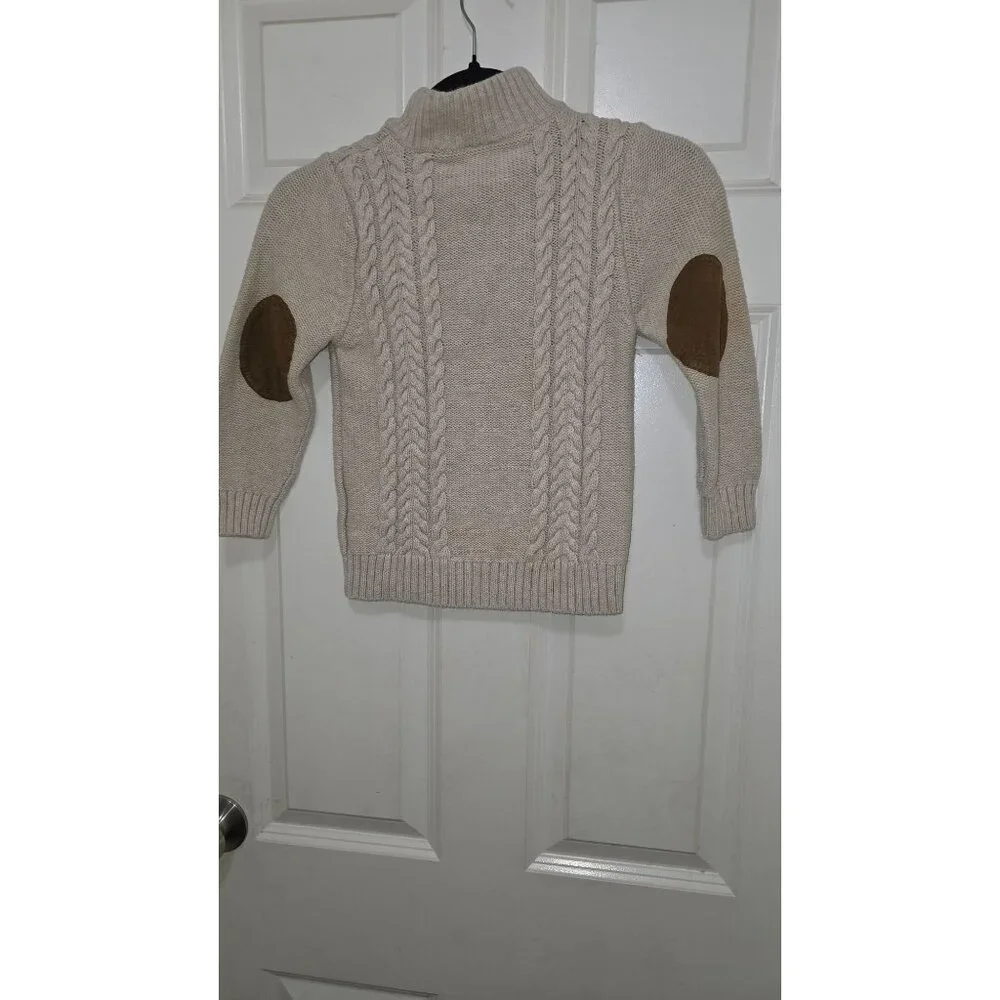 Hanna Anderson Kids Fisherman Cable Knit Beige Sweater Button Neck & Elbow Patch
